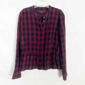Madewell Cotton Linen Check Print Ruffle Hem Top Size Medium